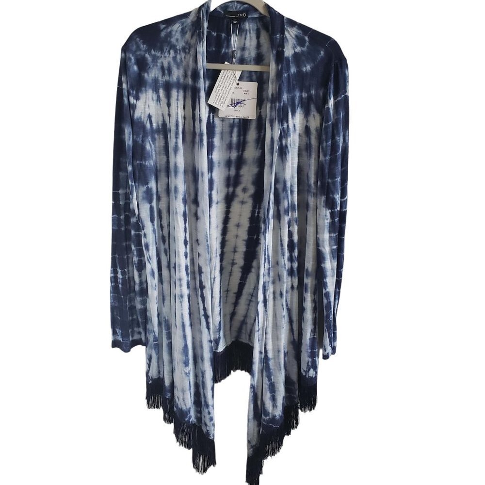RXB Woman NWT Size L Long Sleeve Tie Dye Fringed Waterfall Front Cardigan BOHO